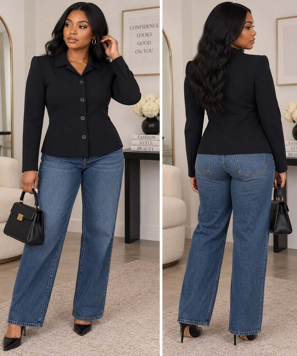 Briggs Petite Black Structured Shoulder Pad Button Front Blazer